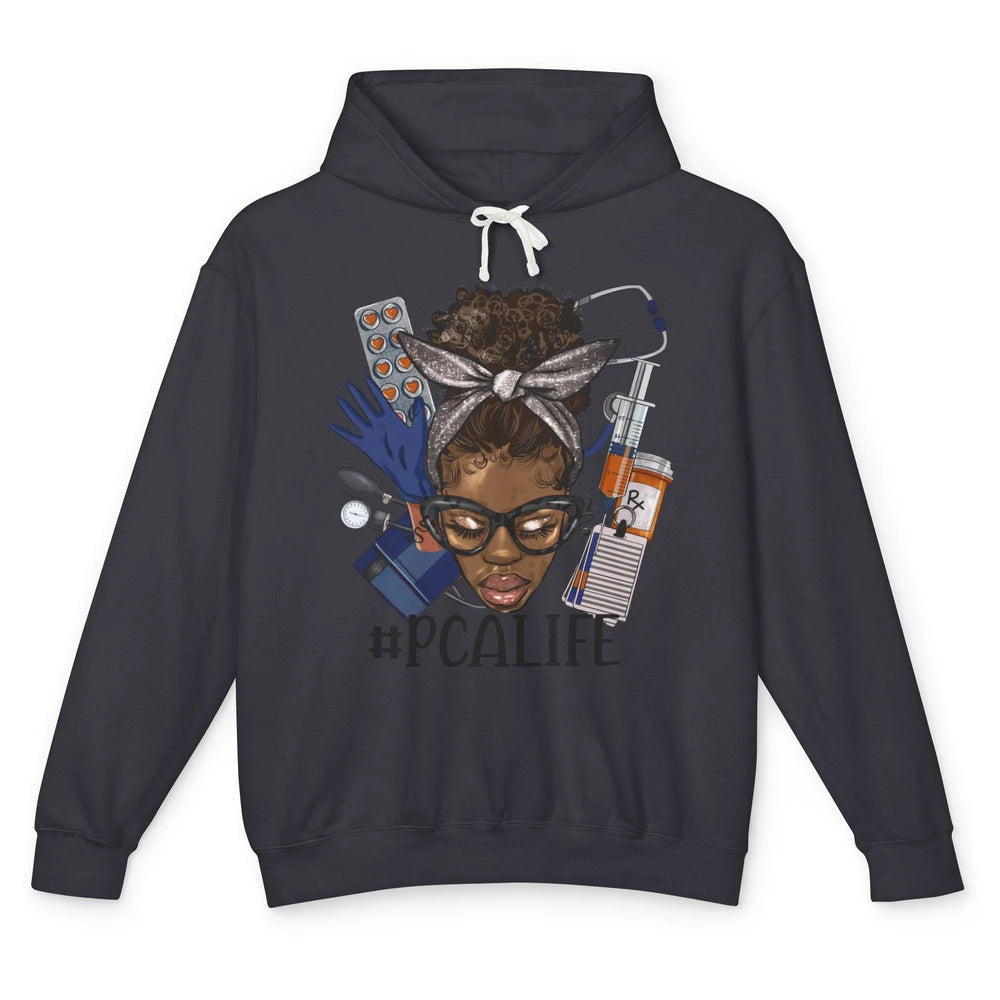 Afro Messy Bun Glasses PCA Life Patient Care Assistant Nurse Unisex Lightweight Hoodie