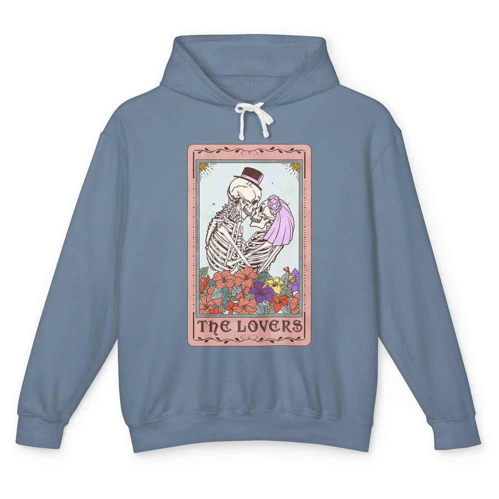 The Lovers Funny Skeleton Couple Tarot Card Vintage Valentine Astrology Goth Skull Lover Floral Heart Unisex Lightweight Hoodie