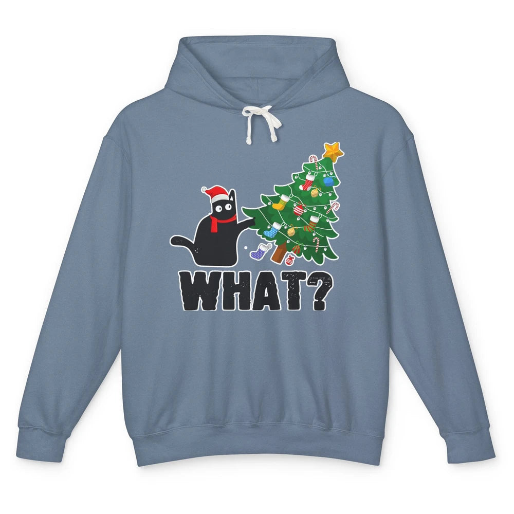 Black Cat Pushing Christmas Tree What Xmas Lights Santa Hat Unisex Lightweight Hoodie