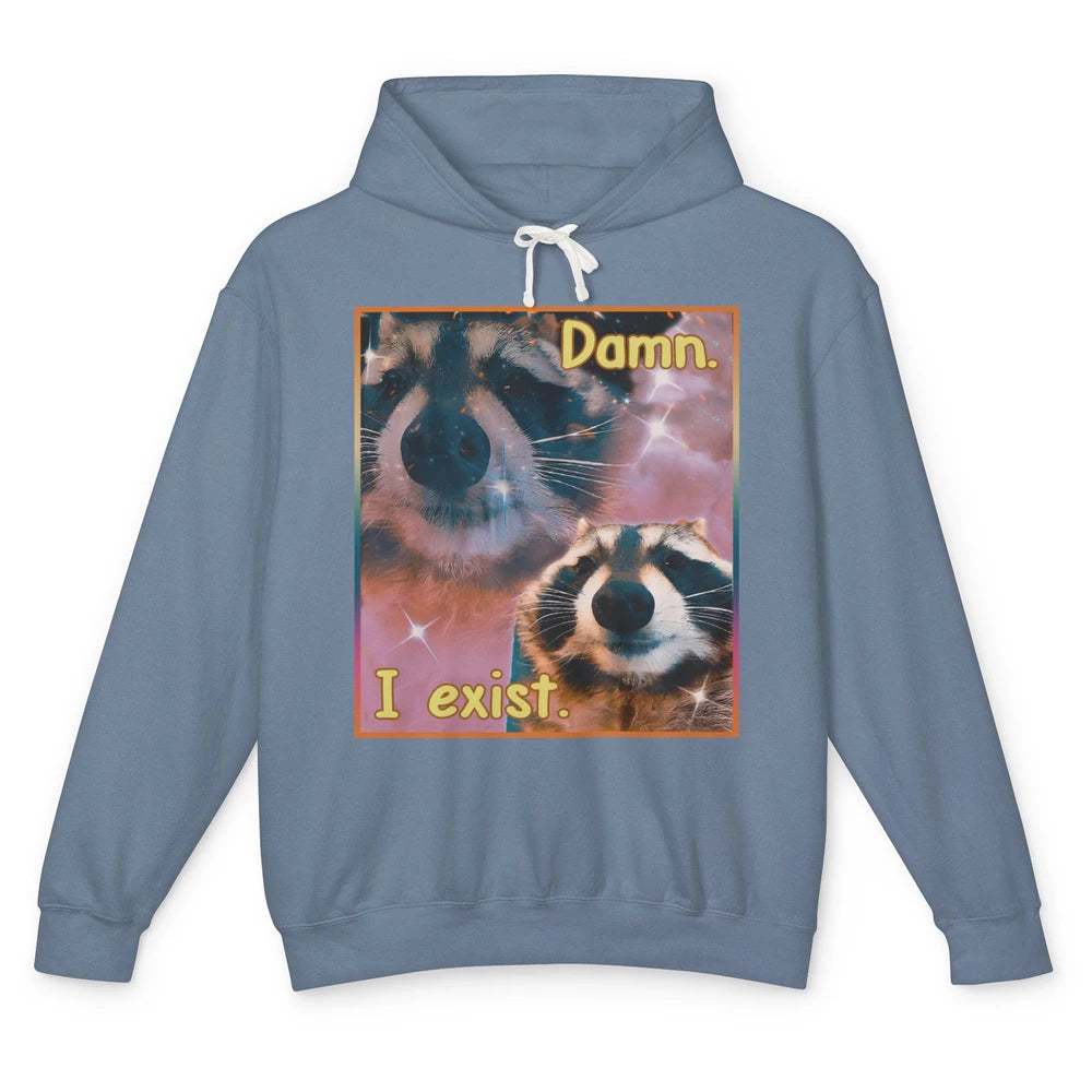 Funny Raccoon Damn I Exist Existential Jokes Opossums Lovers Unisex Lightweight Hoodie