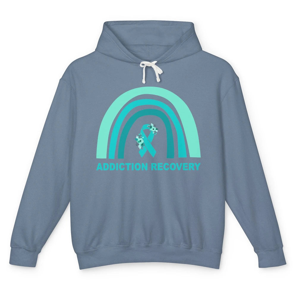 Addiction Recovery Awareness Floral Teal Ribbon Rainbow Unisex Lightweight Hoodie
