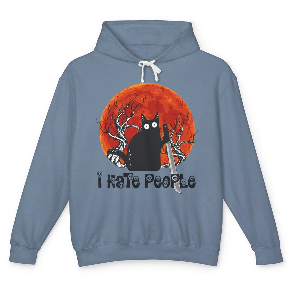 Black Cat Murderer I Hate People Pumpkin Halloween Costume Unisex Lightweight Hoodie
