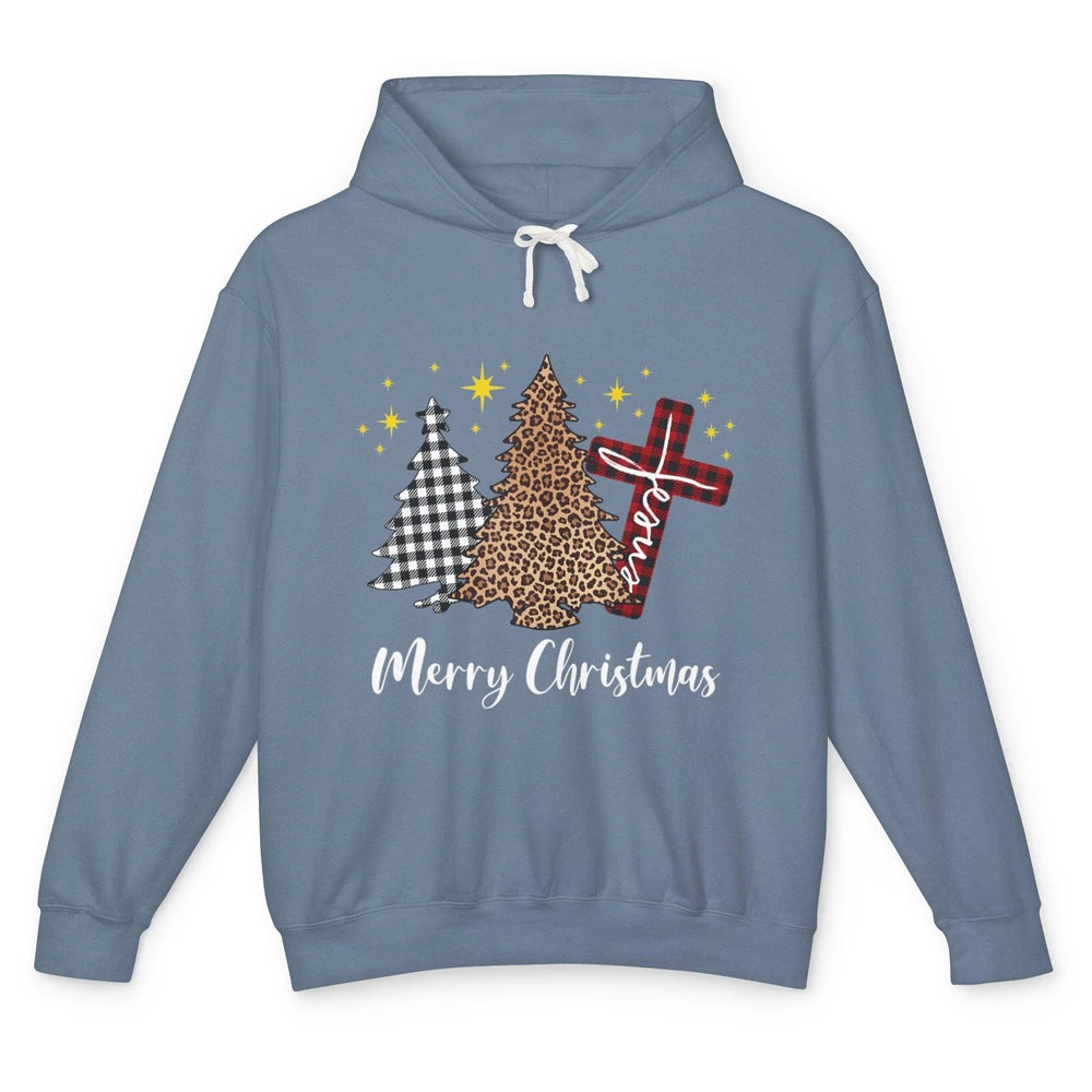 Merry Christmas Xmas Tree Cross Red Plaid Christian Leopard Unisex Lightweight Hoodie