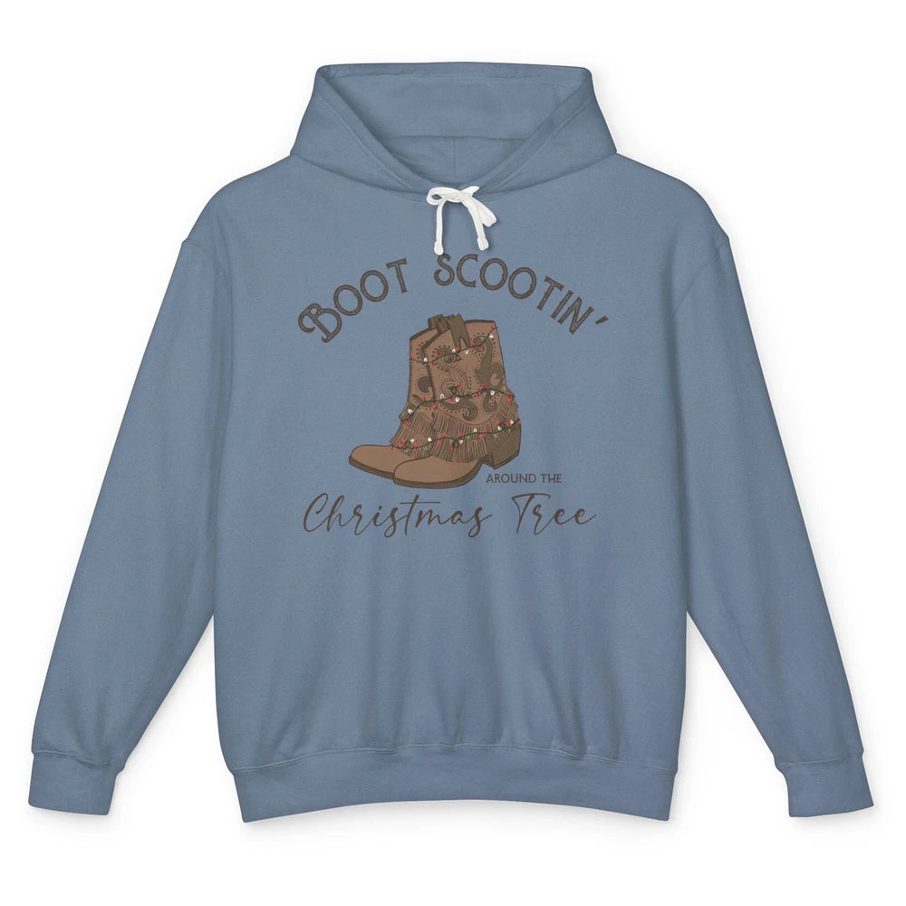 Retro Cowboy Boots Scootin' Around Christmas Tree Western Unisex Lightweight Hoodie