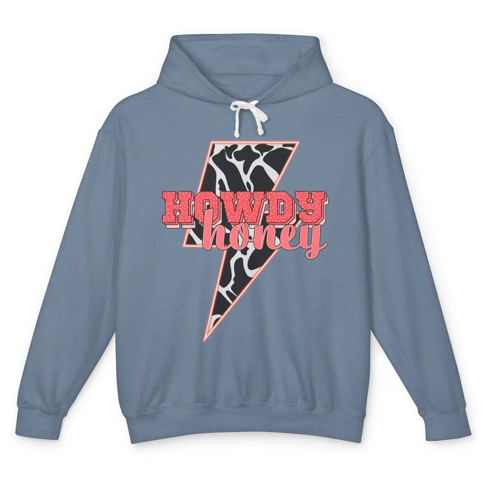 Desert Lightning Bolt Howdy Honey Cow Print Western Cowgirls Unisex Lightweight Hoodie