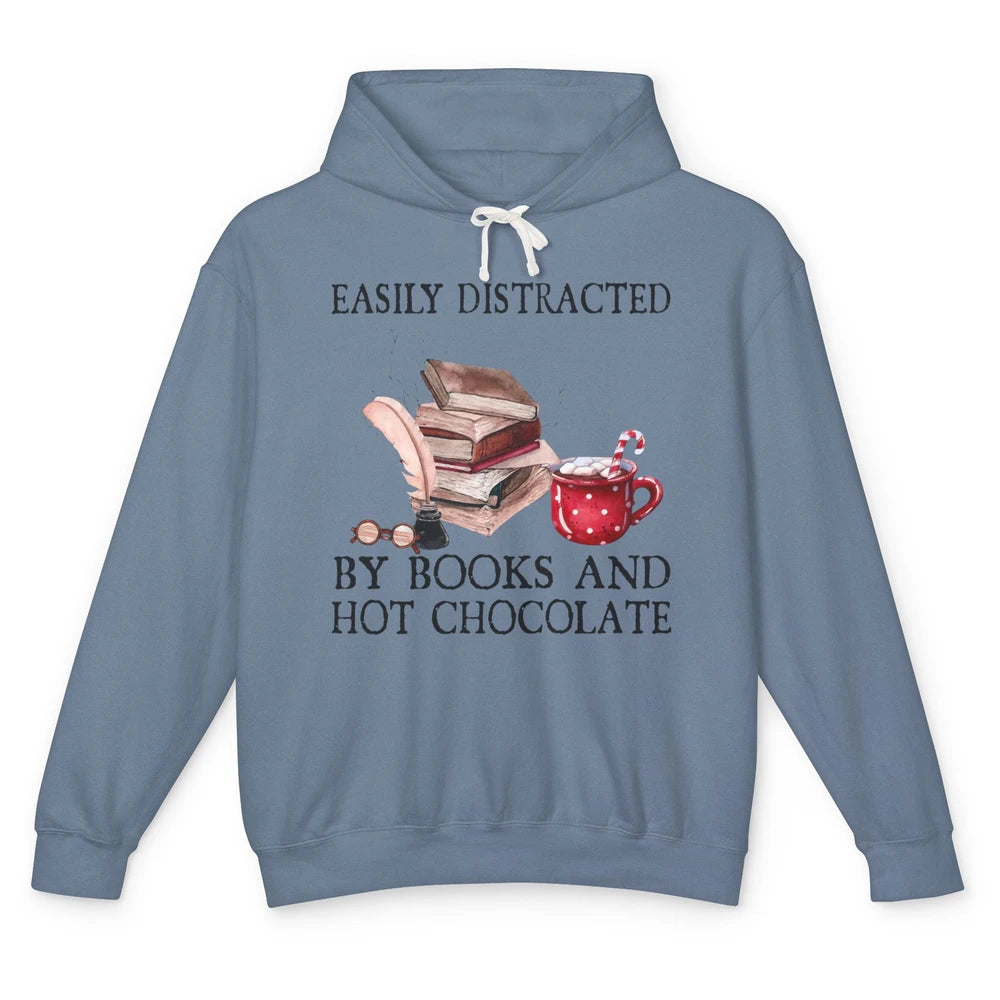 Retro Easily Distracted By Books And Hot Chocolate Christmas Unisex Lightweight Hoodie