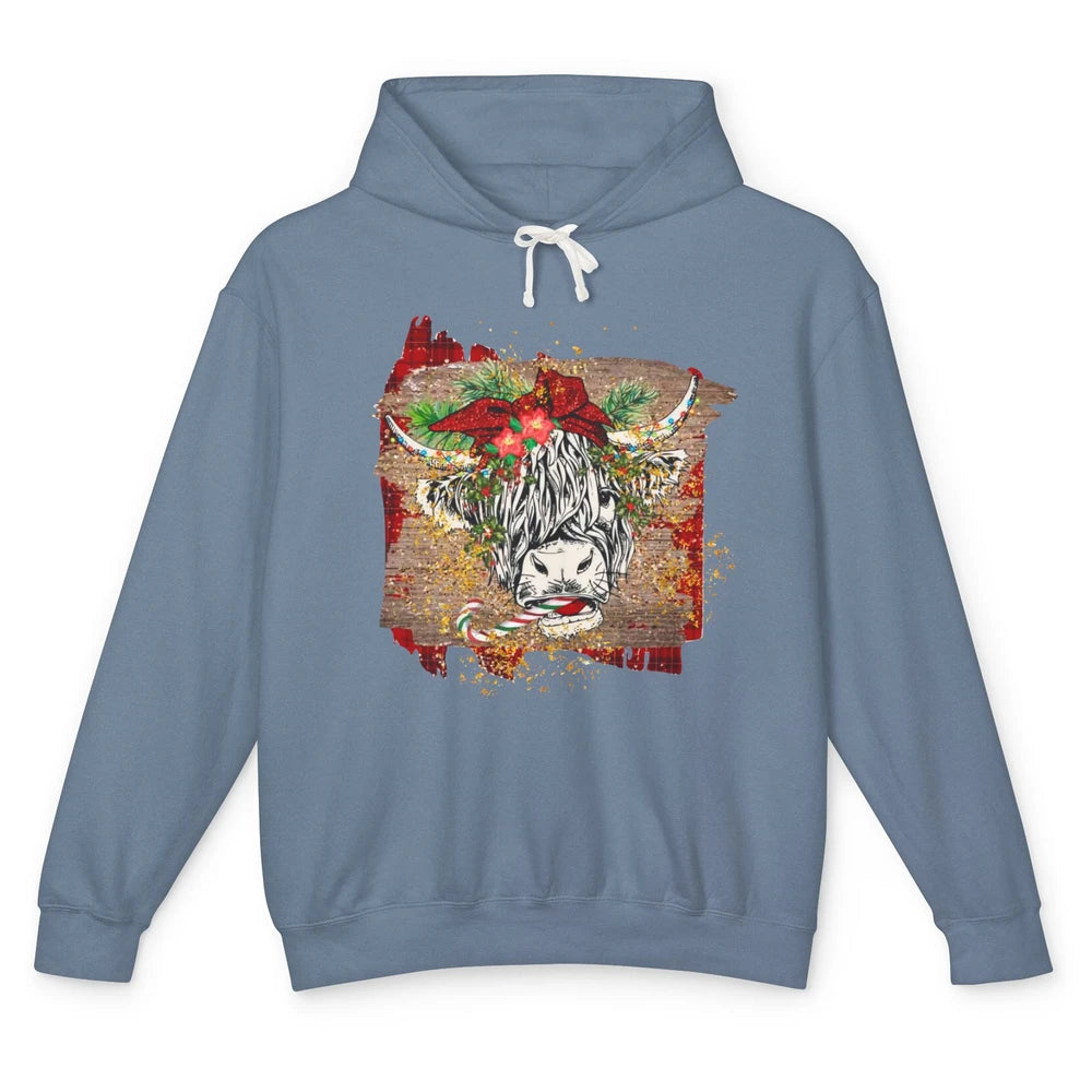 Christmas Highland Cow Bandana Western Christmas Cow Plaid Unisex Lightweight Hoodie