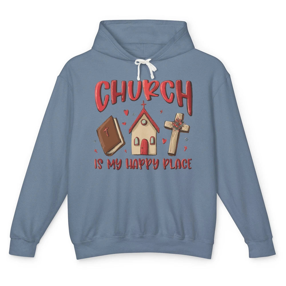 Retro Christmas Church Is My Happy Place Christian Hand Draw Unisex Lightweight Hoodie