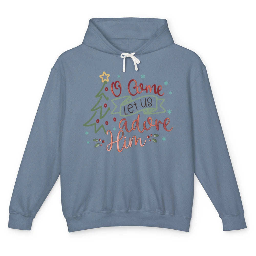 Retro Christmas Tree O Come Let Us Adore Him Christian Jesus Unisex Lightweight Hoodie