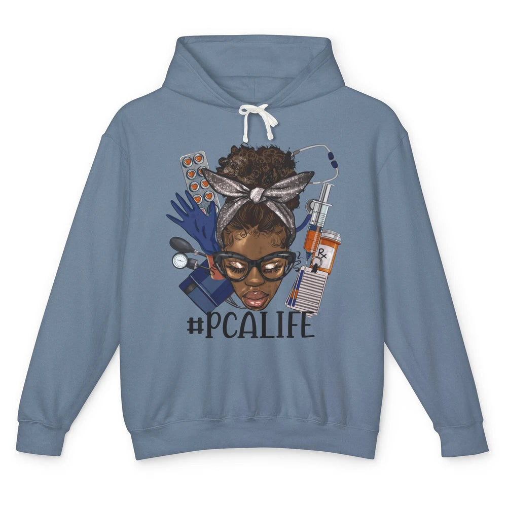 Afro Messy Bun Glasses PCA Life Patient Care Assistant Nurse Unisex Lightweight Hoodie