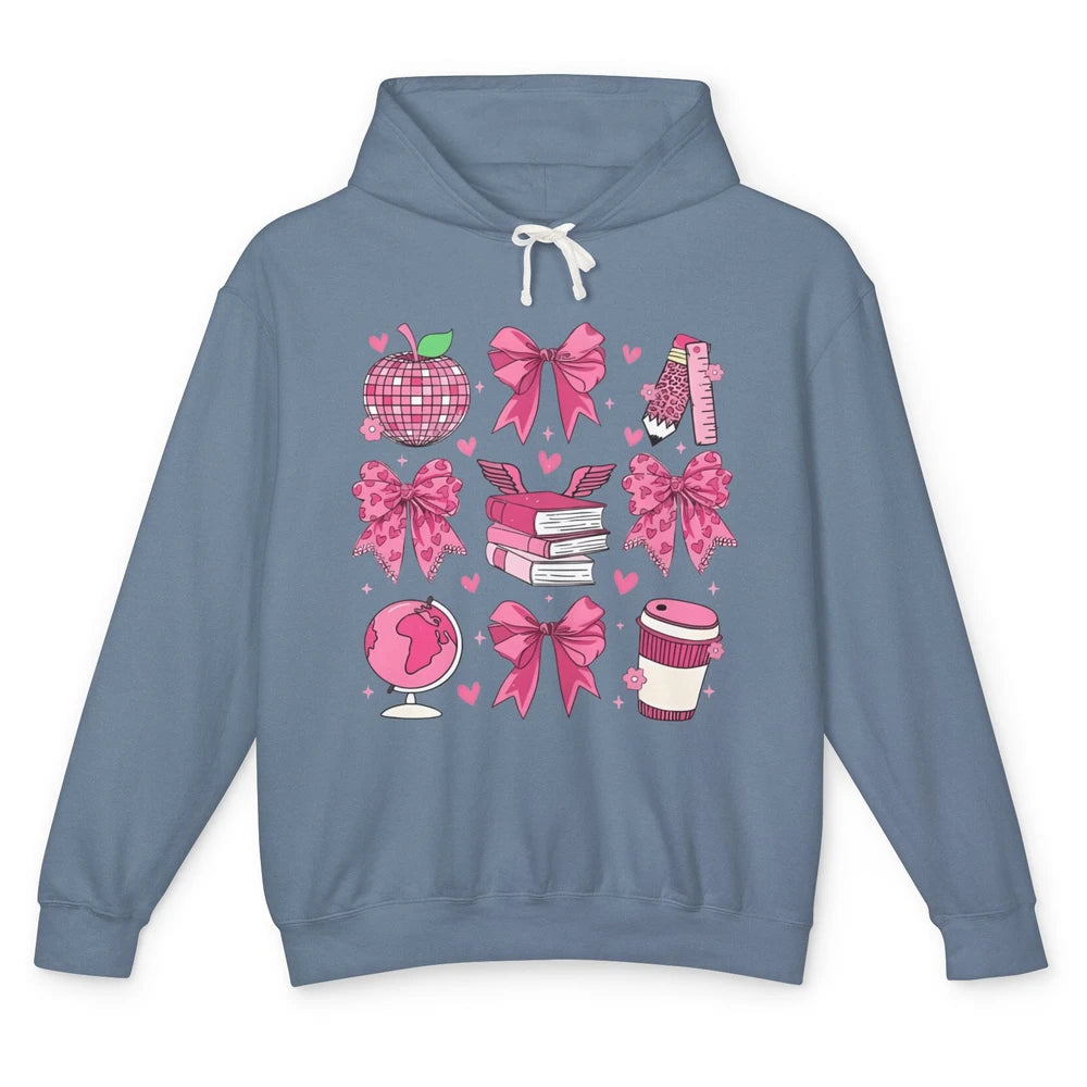 Cute Set Of Bows Coquette Coffee Apple Pink Valentine's Day Love Leopard Heart Back To School Latte Book Teacher Students Unisex Lightweight Hoodie