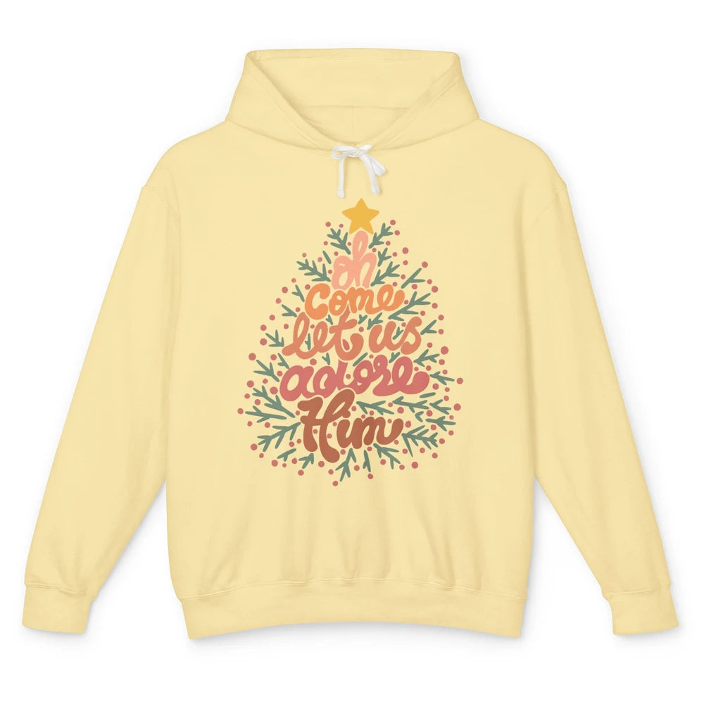Retro Christmas Tree Oh Come Let Us Adore Him Groovy Xmas Unisex Lightweight Hoodie