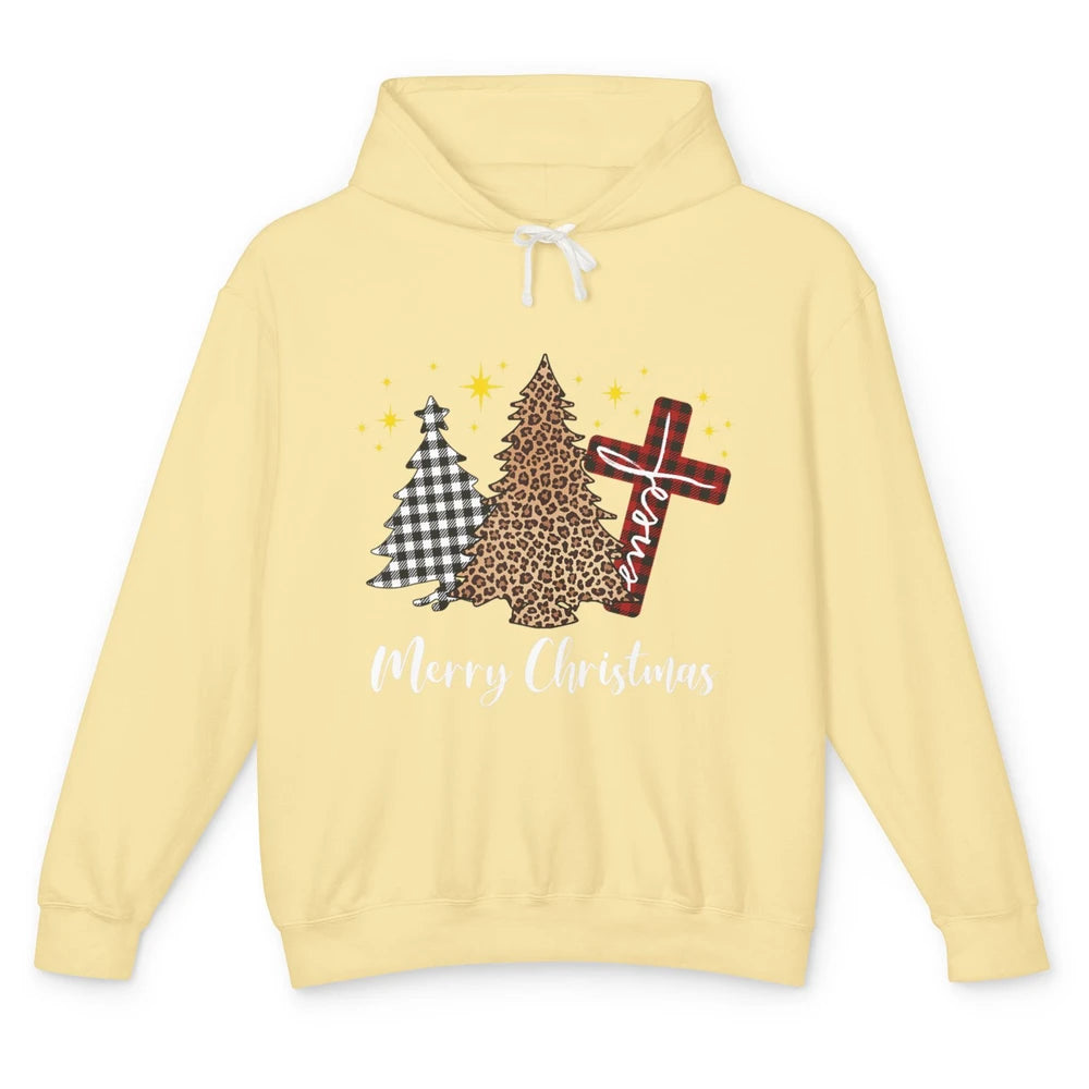 Merry Christmas Xmas Tree Cross Red Plaid Christian Leopard Unisex Lightweight Hoodie