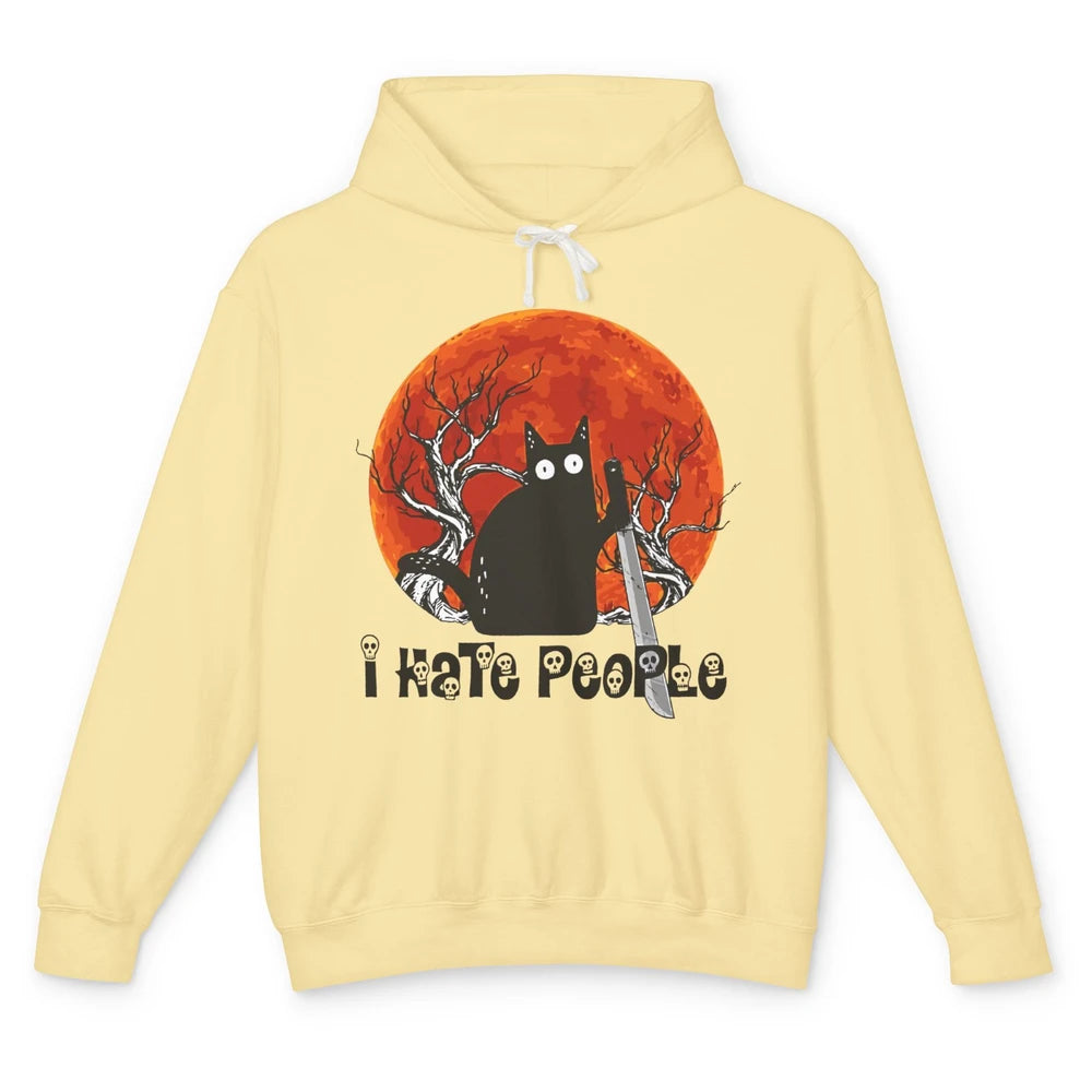 Black Cat Murderer I Hate People Pumpkin Halloween Costume Unisex Lightweight Hoodie