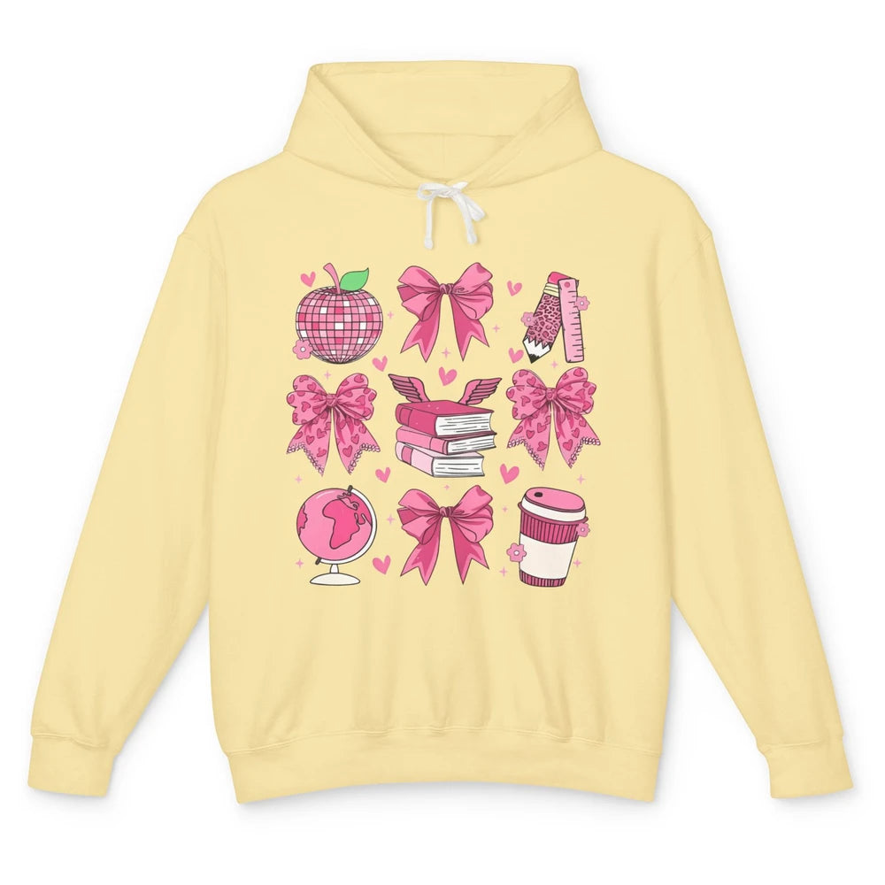 Cute Set Of Bows Coquette Coffee Apple Pink Valentine's Day Love Leopard Heart Back To School Latte Book Teacher Students Unisex Lightweight Hoodie