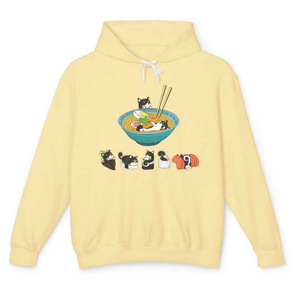 Funny Black Shiba Inu Sushi Ramen Bowl Japanese Kawaii Dog Unisex Lightweight Hoodie