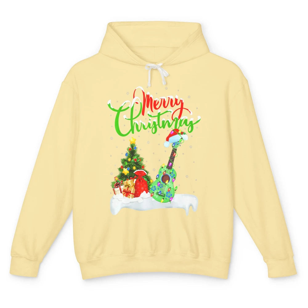 Merry Christmas Funny Ukulele Xmas Lights Santa Hat Music Unisex Lightweight Hoodie