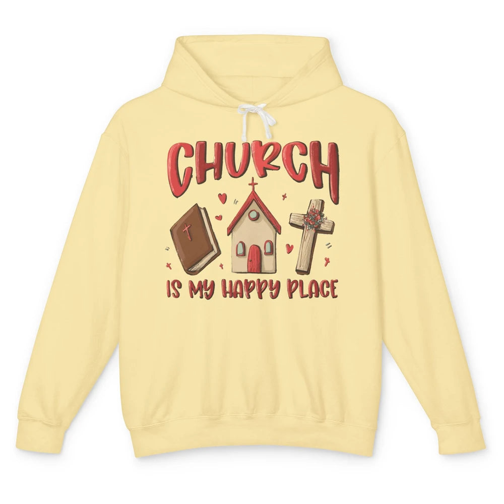 Retro Christmas Church Is My Happy Place Christian Hand Draw Unisex Lightweight Hoodie