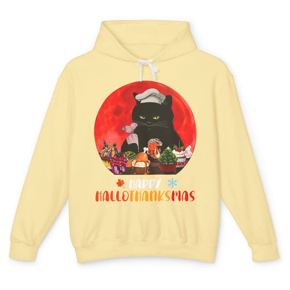 Black Cat Happy Hallothanksmas Baker Cat Halloween Christmas Unisex Lightweight Hoodie