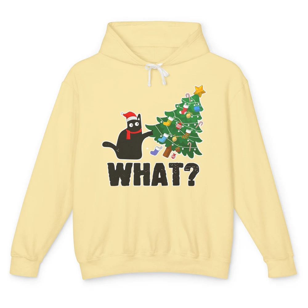 Black Cat Pushing Christmas Tree What Xmas Lights Santa Hat Unisex Lightweight Hoodie