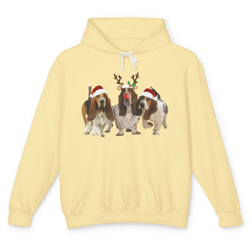 Basset Hound Santa Hats And Reindeer Horns Christmas Dog Mom Unisex Lightweight Hoodie