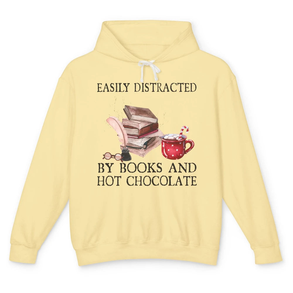 Retro Easily Distracted By Books And Hot Chocolate Christmas Unisex Lightweight Hoodie
