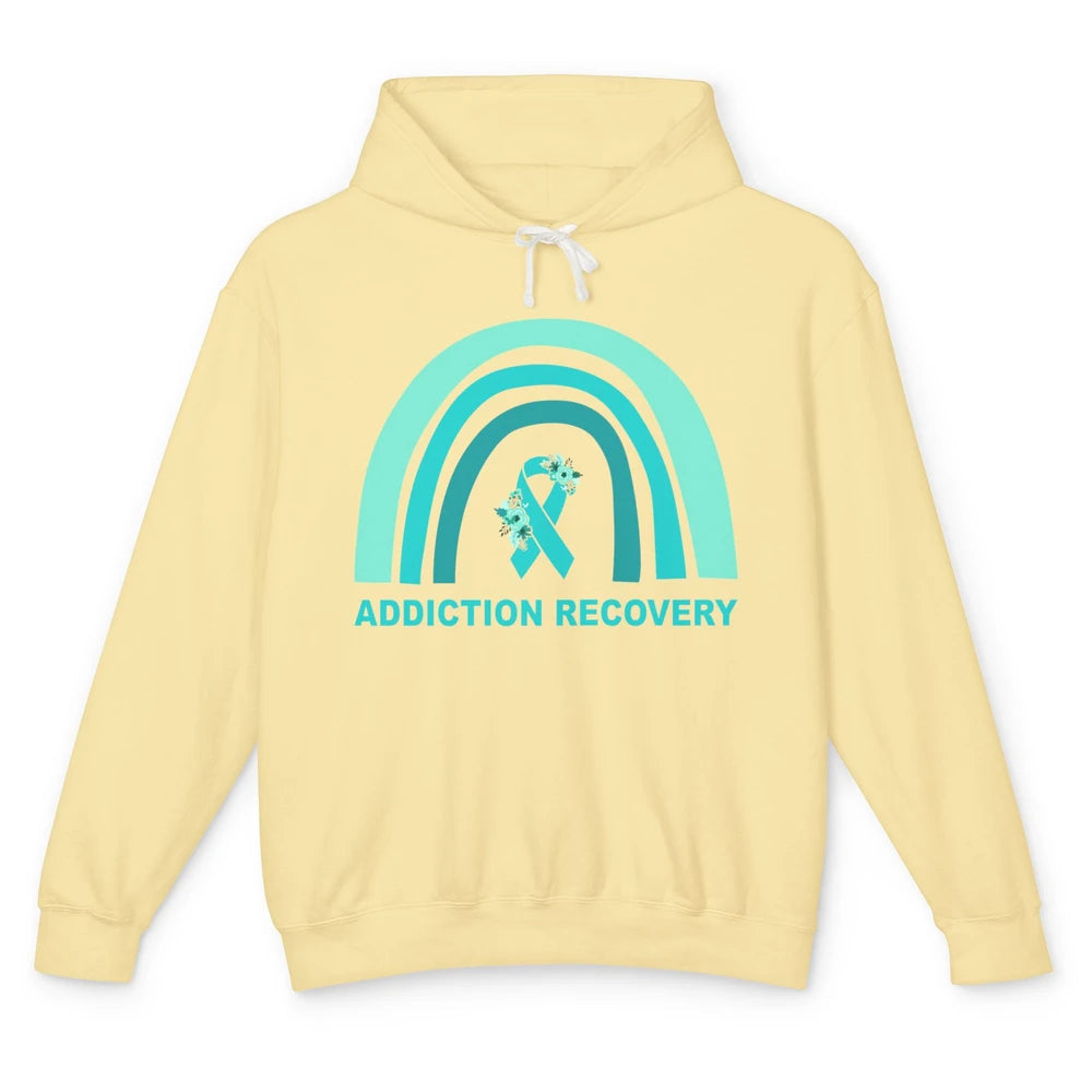 Addiction Recovery Awareness Floral Teal Ribbon Rainbow Unisex Lightweight Hoodie