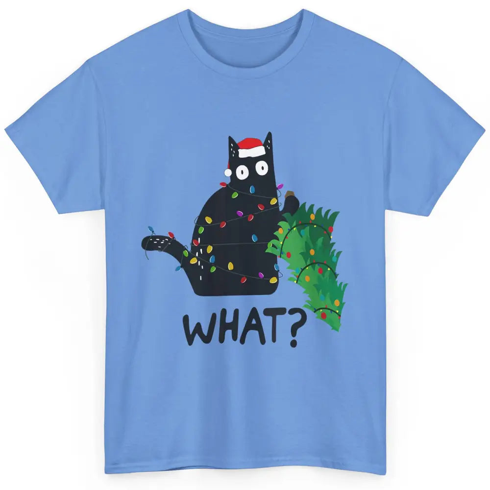 Black Cat Pushing Christmas Tree What Xmas Lights Santa Hat Classic Unisex T-Shirt