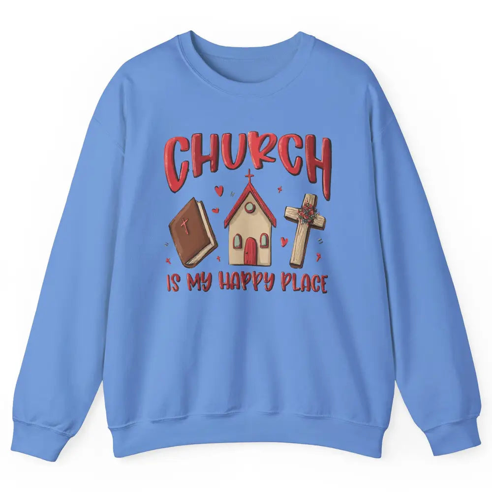 Retro Christmas Church Is My Happy Place Christian Hand Draw Unisex Crewneck Sweatshirt