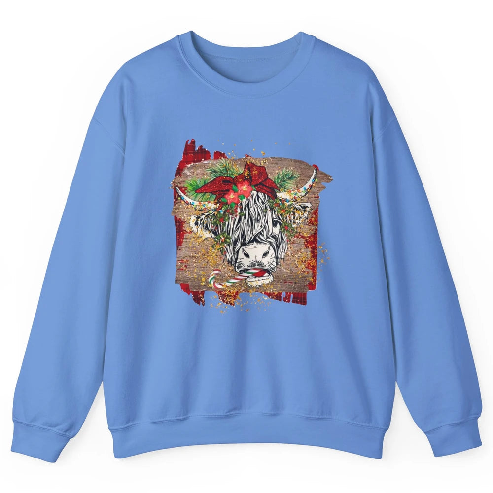 Christmas Highland Cow Bandana Western Christmas Cow Plaid Unisex Crewneck Sweatshirt