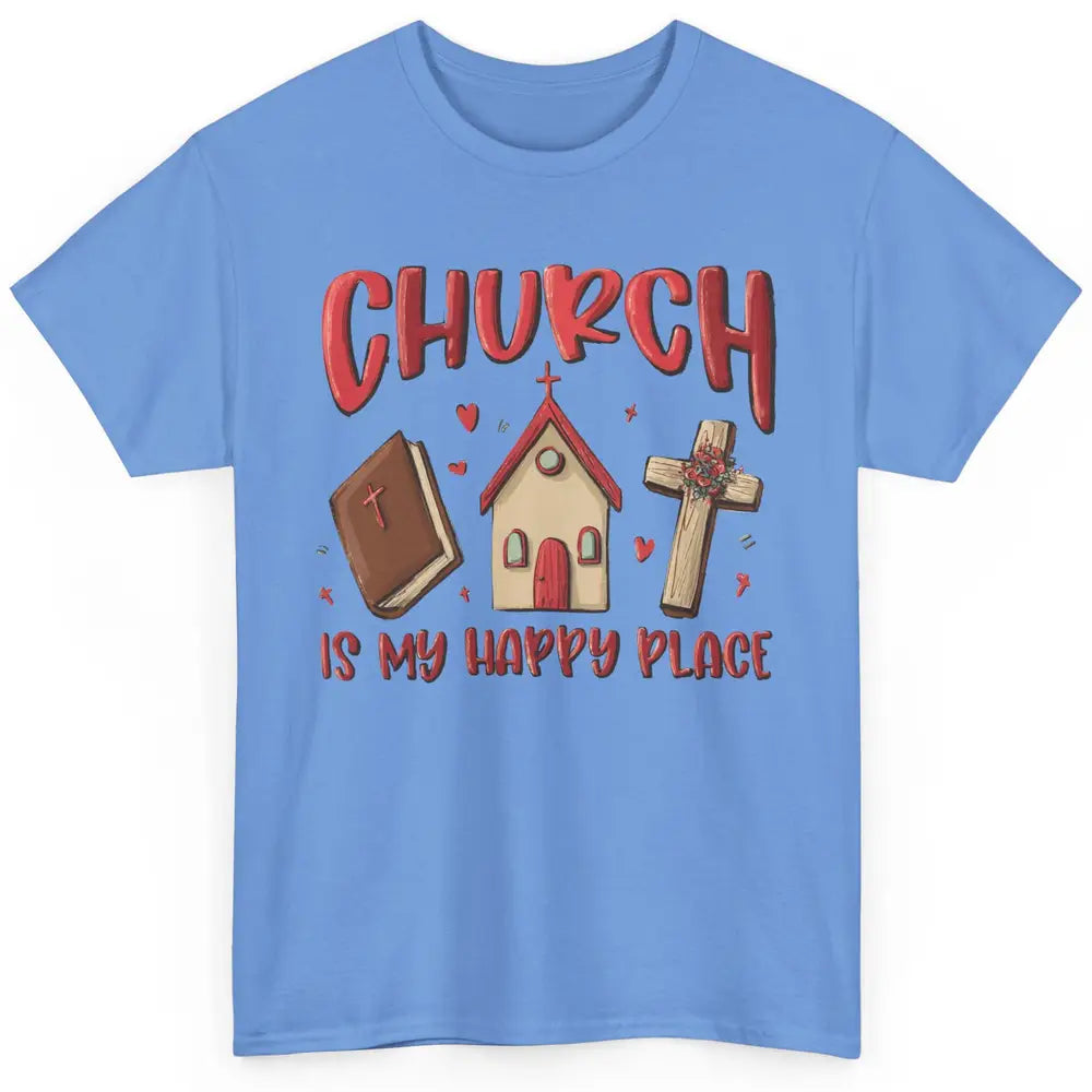 Retro Christmas Church Is My Happy Place Christian Hand Draw Classic Unisex T-Shirt