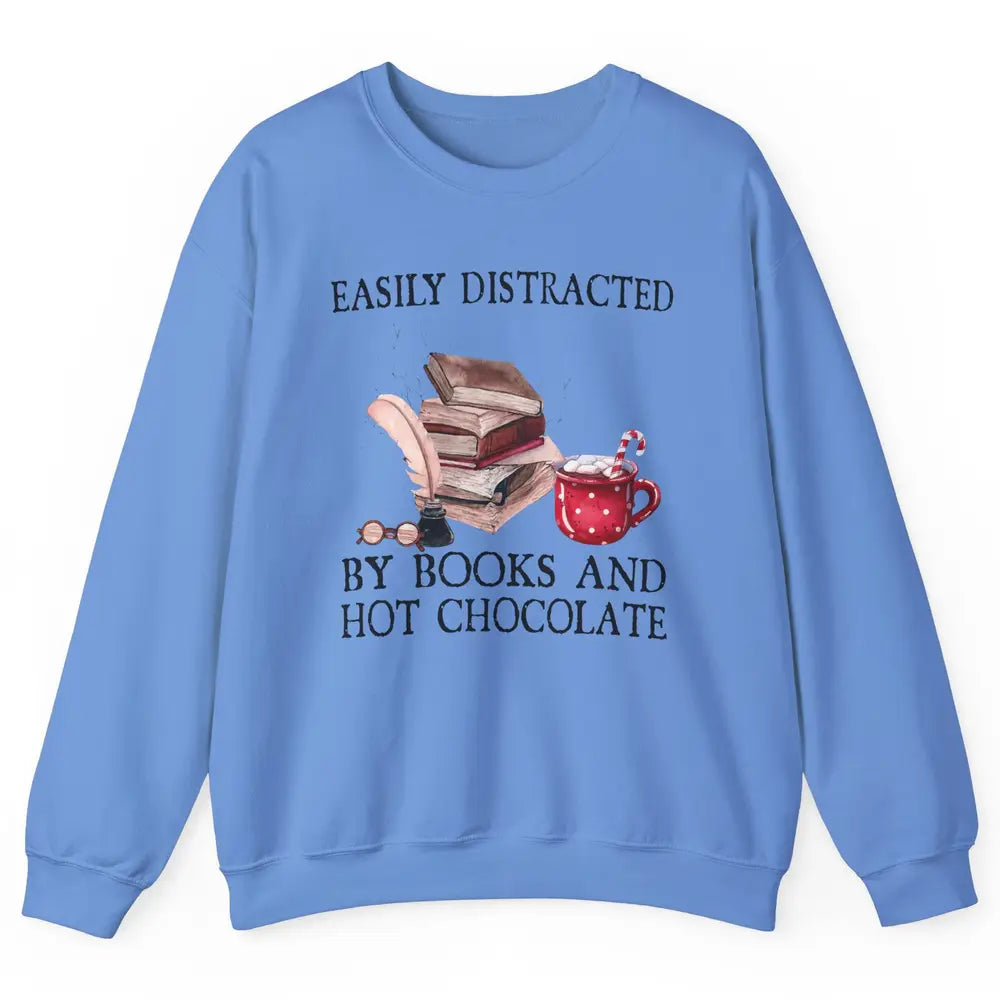 Retro Easily Distracted By Books And Hot Chocolate Christmas Unisex Crewneck Sweatshirt