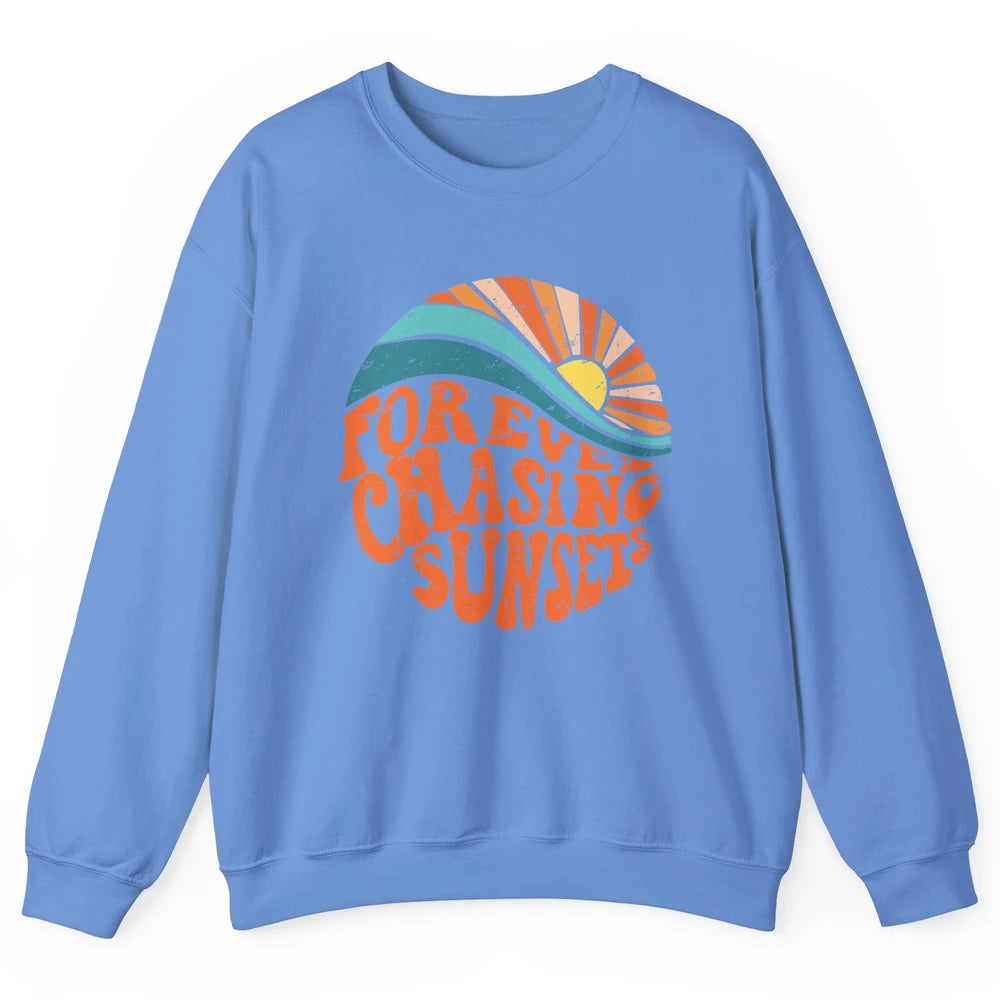 Retro Rainbow Forever Chasing Sunset Hippie Girl Peace Lover Unisex Crewneck Sweatshirt