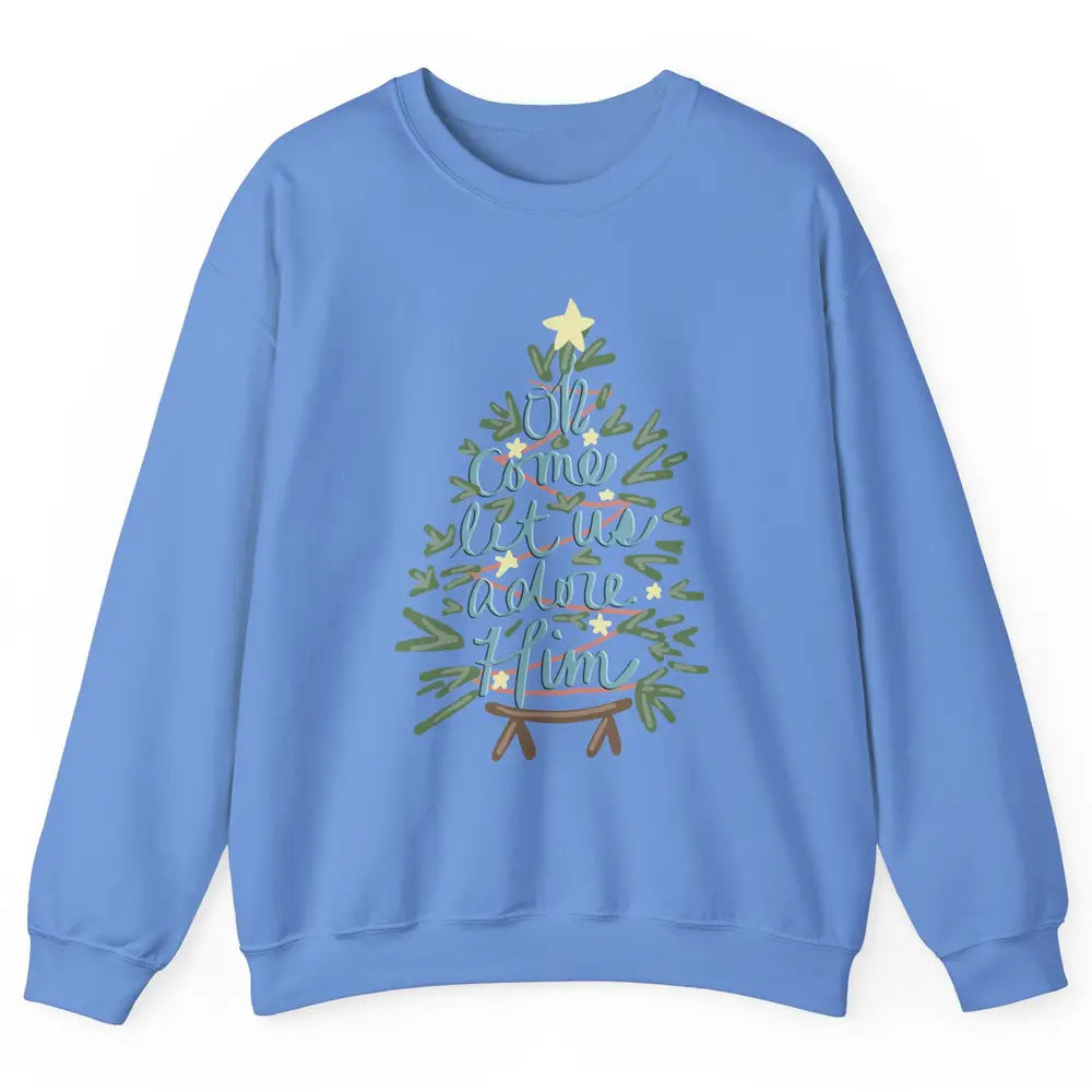 Retro Christmas Tree Oh Come Let Us Adore Him Groovy Xmas Unisex Crewneck Sweatshirt