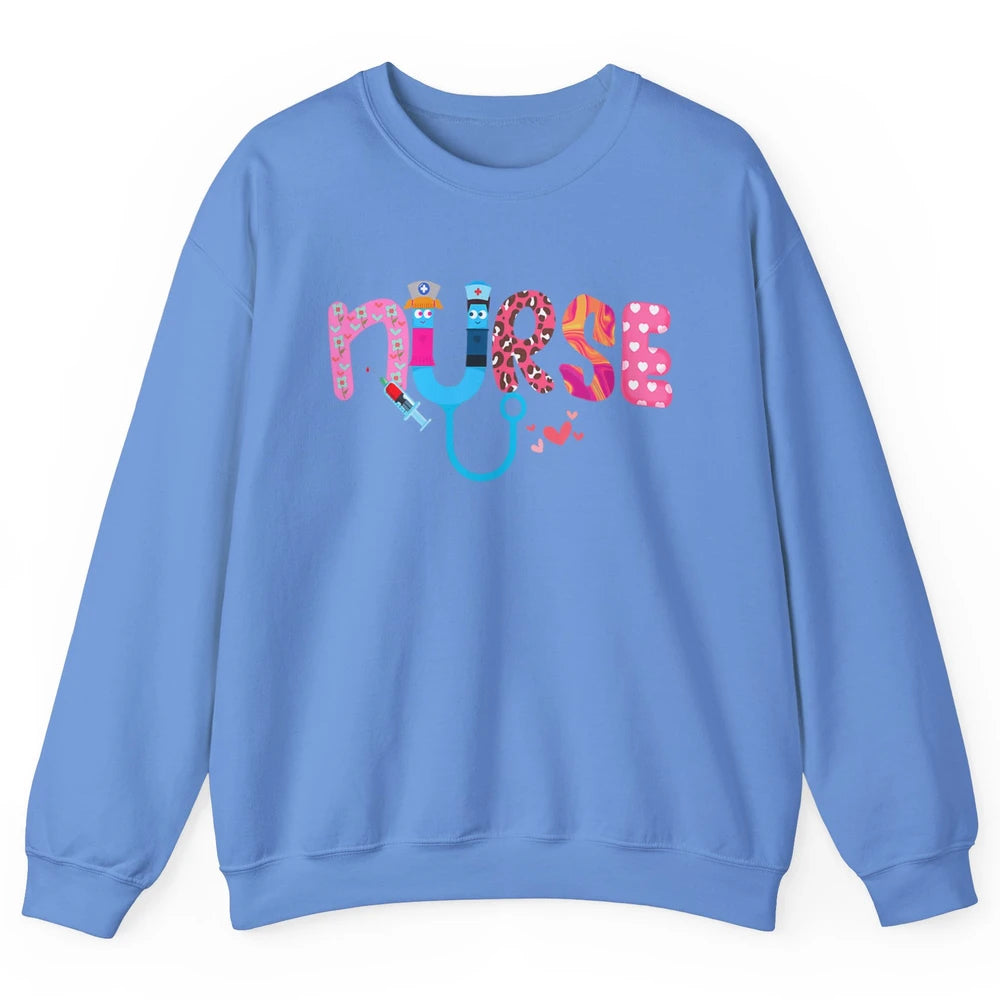 Nurse Happy Valentine's Day Love ER ICU NICU Emergency Nursing Leopard Stethoscope Love Needles Unisex Crewneck Sweatshirt