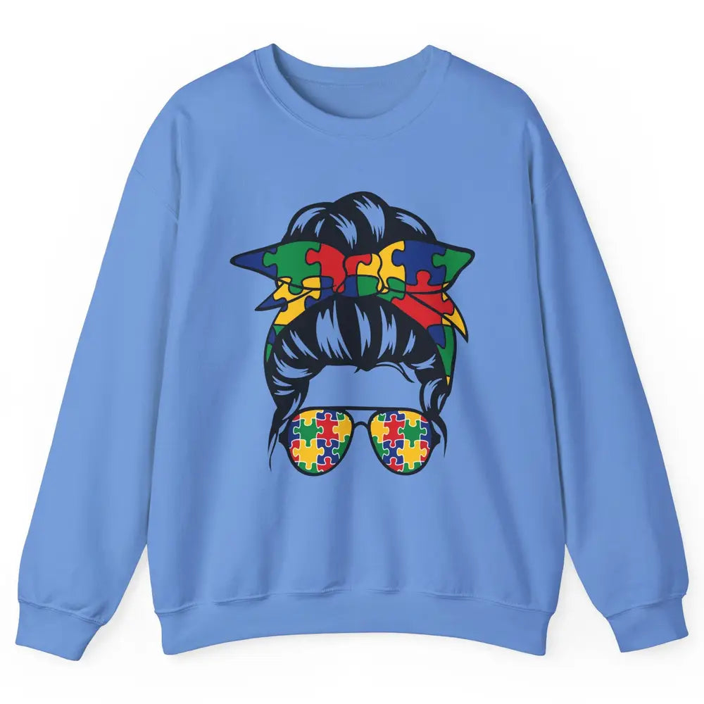 Autism Mom With Bandana Puzzle Autism Ribbon Support Autism Unisex Crewneck Sweatshirt