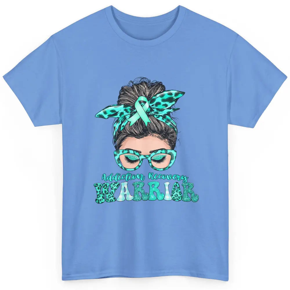 Addiction Recovery Awareness Warrior Leopard Messy Hair Bun Classic Unisex T-Shirt