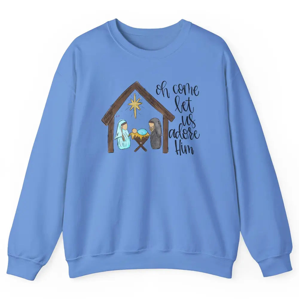 Retro Christmas Church Oh Come Let Us Adore Him Hand Drawing Unisex Crewneck Sweatshirt
