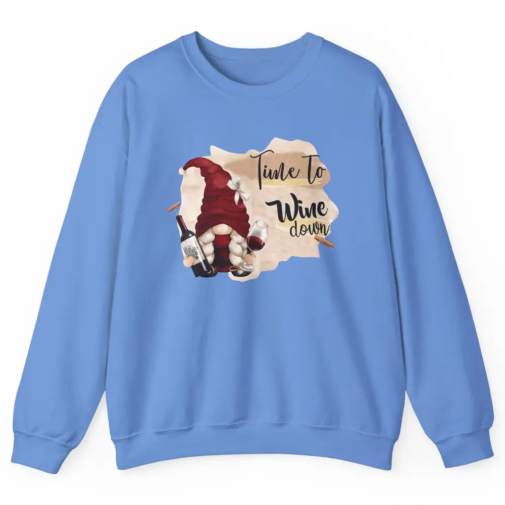 Christmas Gnome Wine It's Time to Wine Down Winter Holiday Unisex Crewneck Sweatshirt