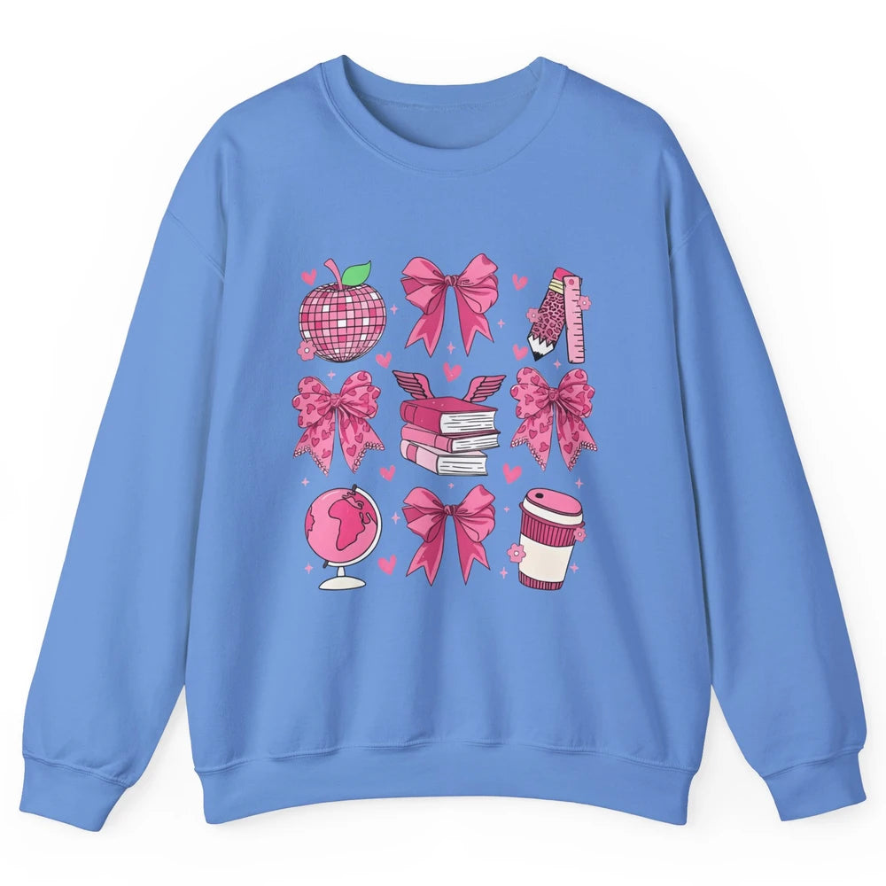 Cute Set Of Bows Coquette Coffee Apple Pink Valentine's Day Love Leopard Heart Back To School Latte Book Teacher Students Unisex Crewneck Sweatshirt