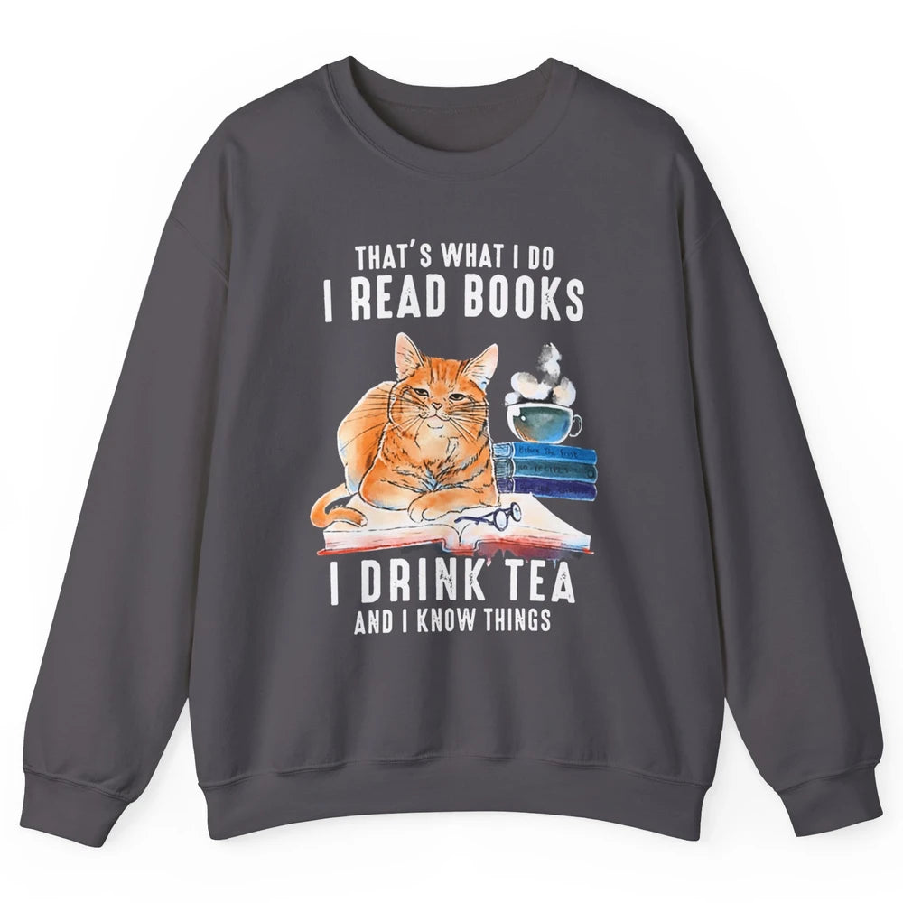 Funny That What I Do I Read Books Drink Tea And I Know Things Sarcastic Orange Cat Book Reader Kitten Bookworm Unisex Crewneck Sweatshirt