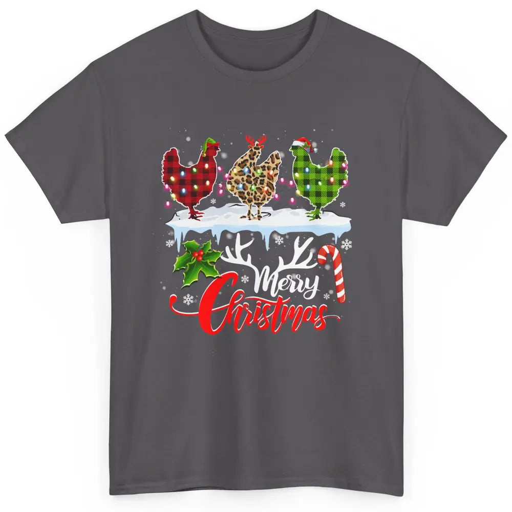 Merry Christmas Three Chickens Buffalo Leopard Red Plaid Hen Classic Unisex T-Shirt