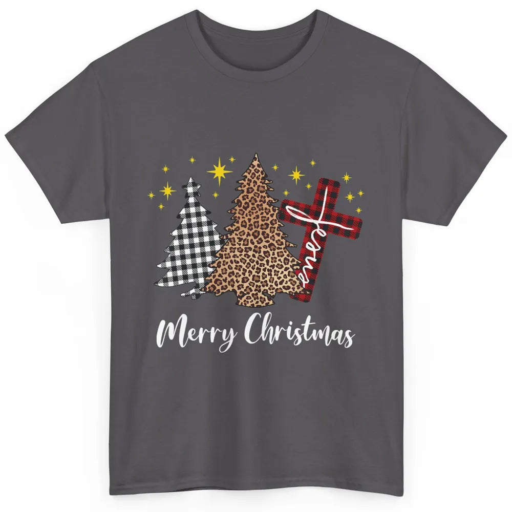 Merry Christmas Xmas Tree Cross Red Plaid Christian Leopard Classic Unisex T-Shirt