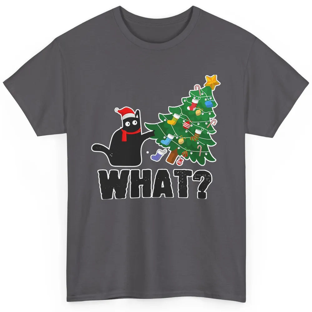 Black Cat Pushing Christmas Tree What Xmas Lights Santa Hat Classic Unisex T-Shirt