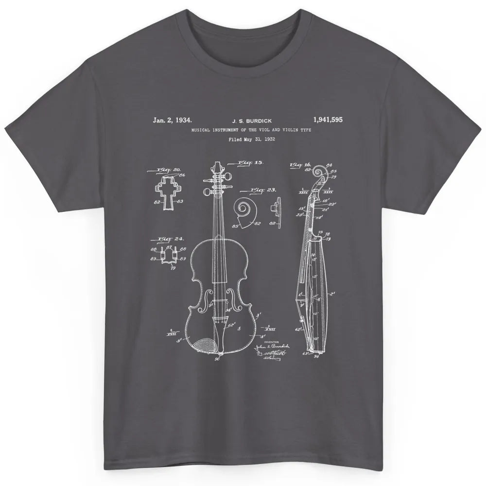 Vintage Patent Drawing Print Violin Player Retro Violinist Classic Unisex T-Shirt