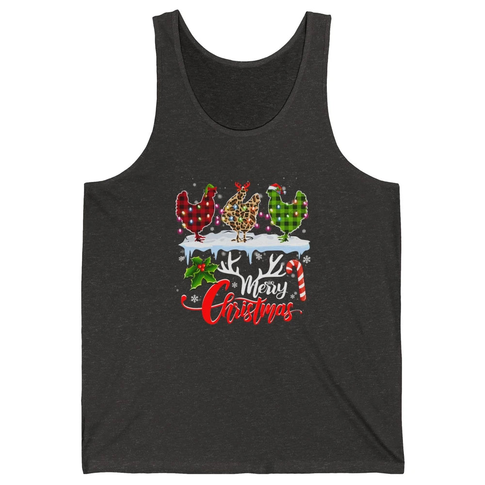 Merry Christmas Three Chickens Buffalo Leopard Red Plaid Hen Unisex Jersey Tank