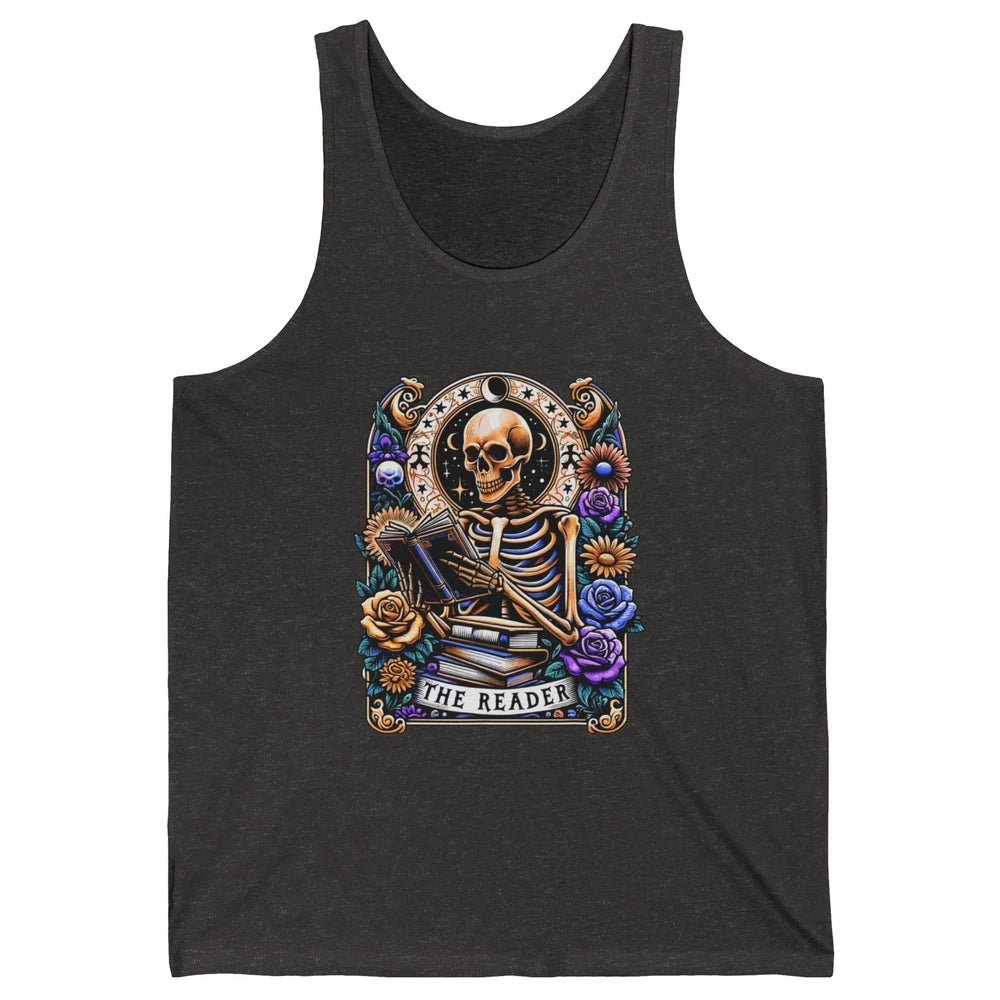 The Reader Tarot Card Halloween Reading Book Skeleton Floral Skull Bookish Bookworm Unisex Jersey Tank