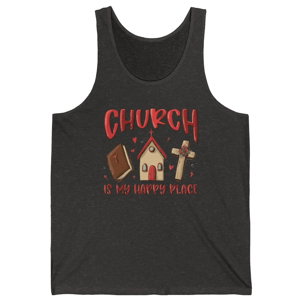 Retro Christmas Church Is My Happy Place Christian Hand Draw Unisex Jersey Tank