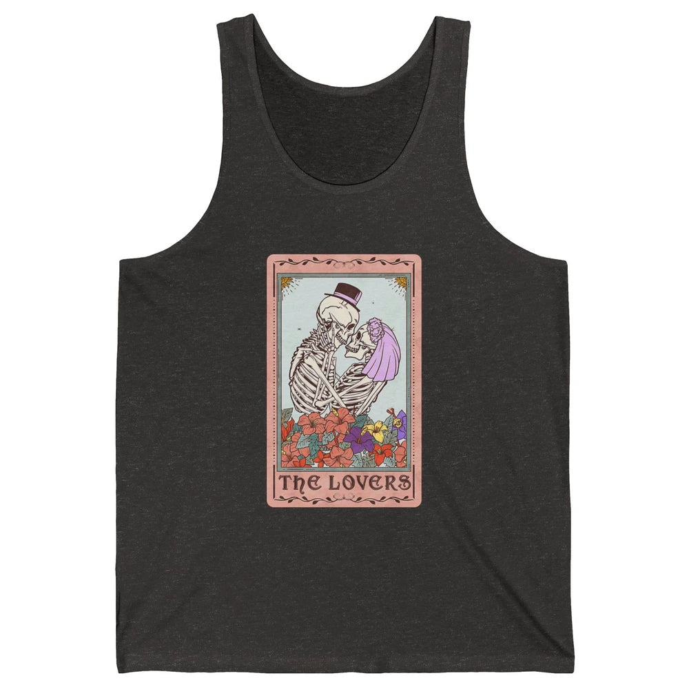 The Lovers Funny Skeleton Couple Tarot Card Vintage Valentine Astrology Goth Skull Lover Floral Heart Unisex Jersey Tank