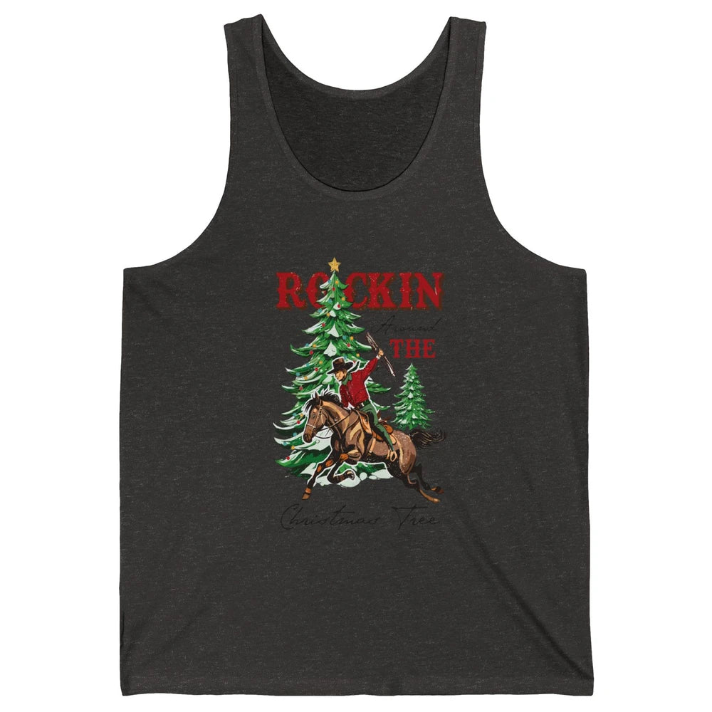 Retro Horsing Cowboy Rocking Around Christmas Tree Western Unisex Jersey Tank